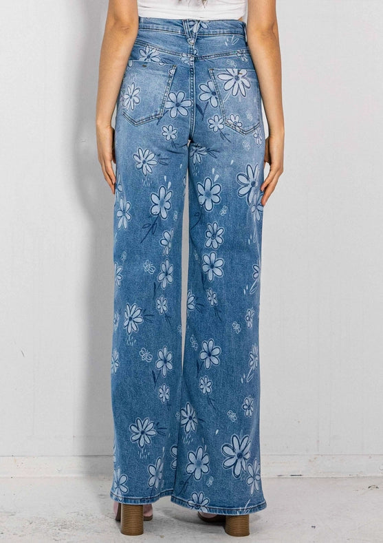 Flower Printed High-Rise Wideleg Jeans-Jeans-Vibrant M.i.U-1-Medium Stone-Urbanheer