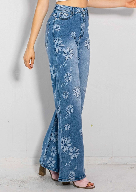 Flower Printed High-Rise Wideleg Jeans-Jeans-Vibrant M.i.U-1-Medium Stone-Urbanheer