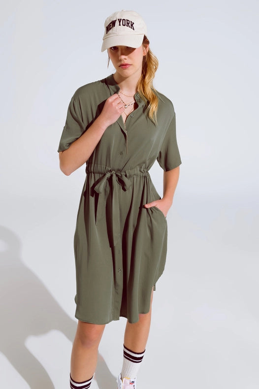 Flowy Button Up Dress With Belt And Side Pockets-Dress-Q2-S-Green-Urbanheer