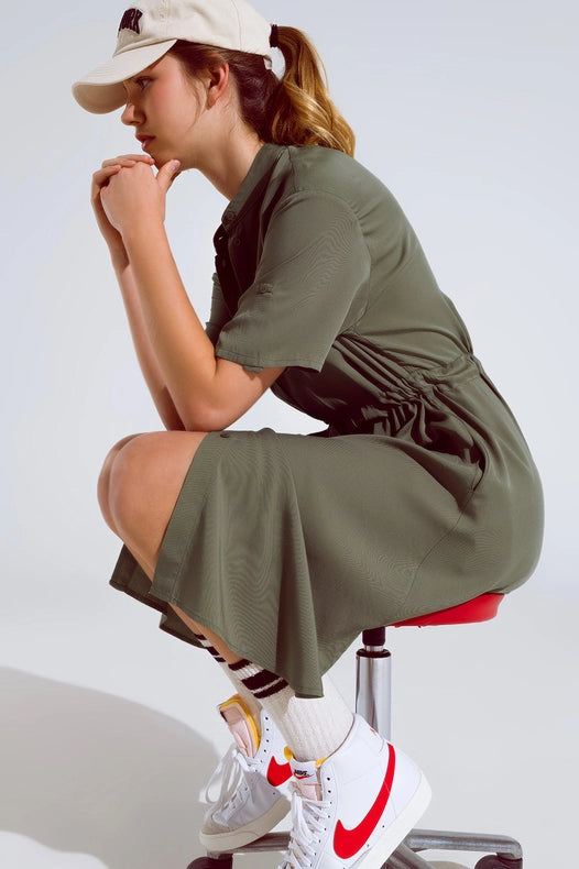 Flowy Button Up Dress With Belt And Side Pockets-Dress-Q2-S-Green-Urbanheer