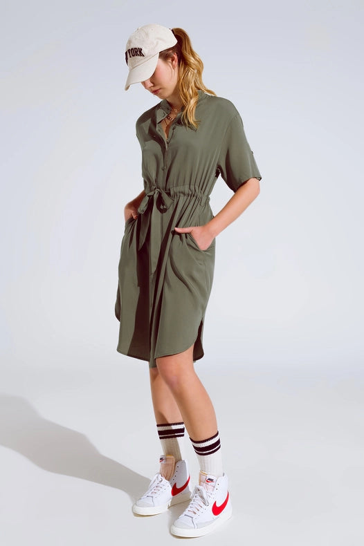 Flowy Button Up Dress With Belt And Side Pockets-Dress-Q2-S-Green-Urbanheer