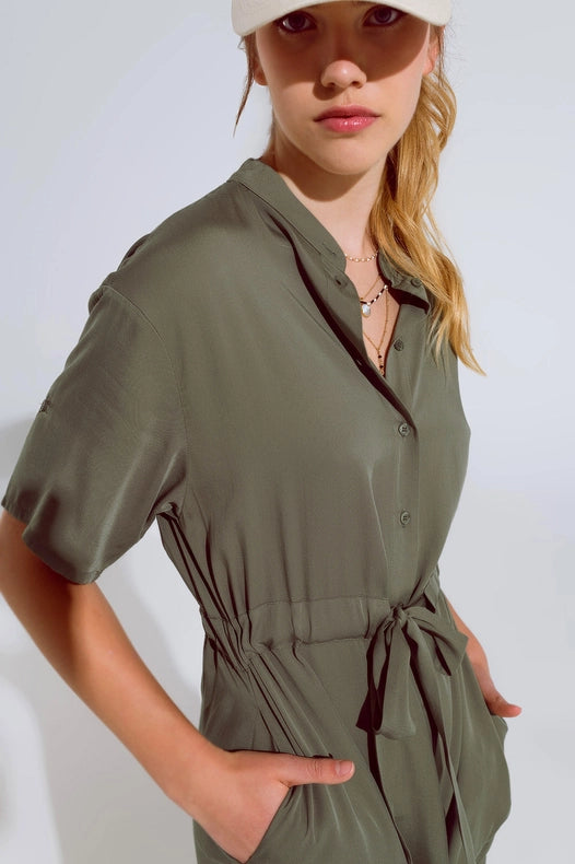 Flowy Button Up Dress With Belt And Side Pockets-Dress-Q2-S-Green-Urbanheer
