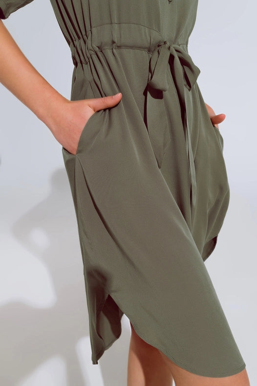 Flowy Button Up Dress With Belt And Side Pockets-Dress-Q2-S-Green-Urbanheer