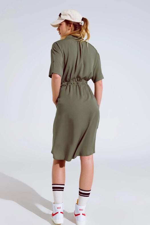 Flowy Button Up Dress With Belt And Side Pockets-Dress-Q2-S-Green-Urbanheer