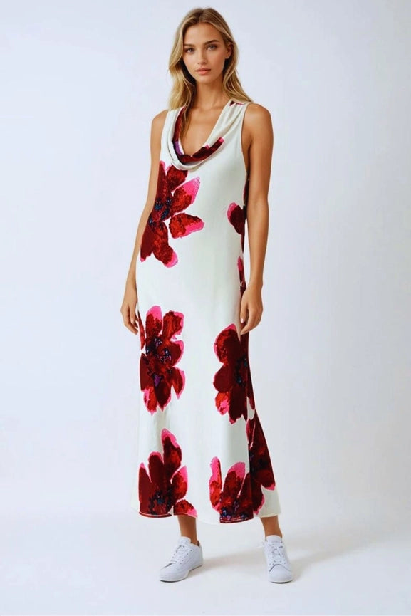 Flowy Sleeveless Maxi Dress with Floral Print-Dress-Q2-S-RED-Urbanheer