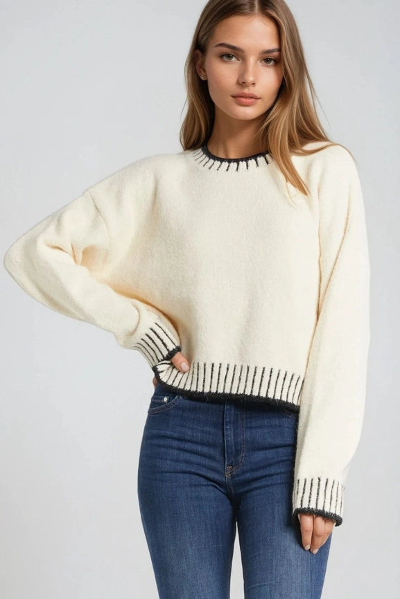 Fluffy Cream Sweater with Ribbed Detail At Neck and Hem-Sweater-Q2-One Size-White-Urbanheer