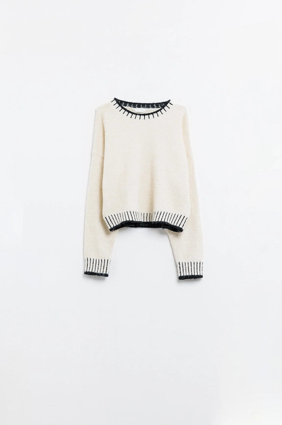 Fluffy Cream Sweater with Ribbed Detail At Neck and Hem-Sweater-Q2-One Size-White-Urbanheer