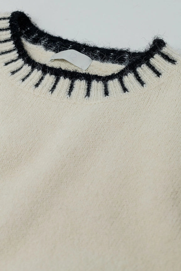 Fluffy Cream Sweater with Ribbed Detail At Neck and Hem-Sweater-Q2-One Size-White-Urbanheer