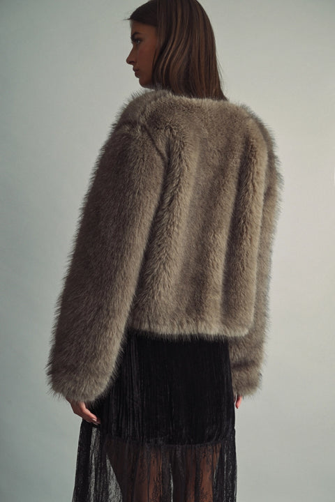 Fluffy Faux-Fur Collarless Jacket