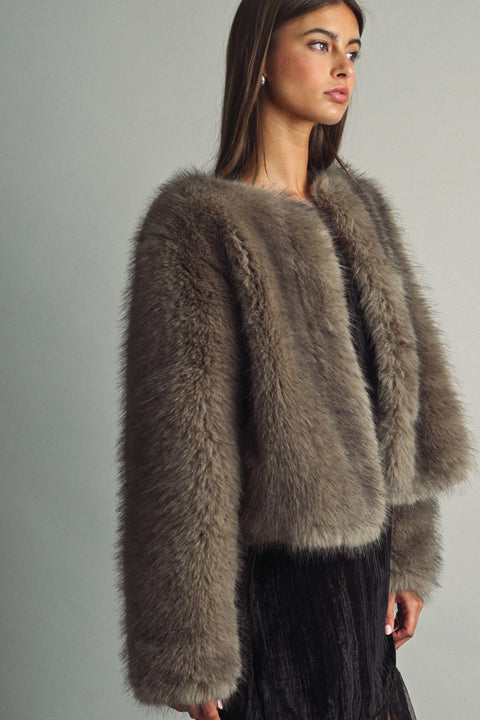 Fluffy Faux-Fur Collarless Jacket