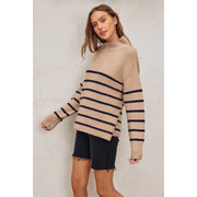 Fluffy High Neck Striped Hem Sweater