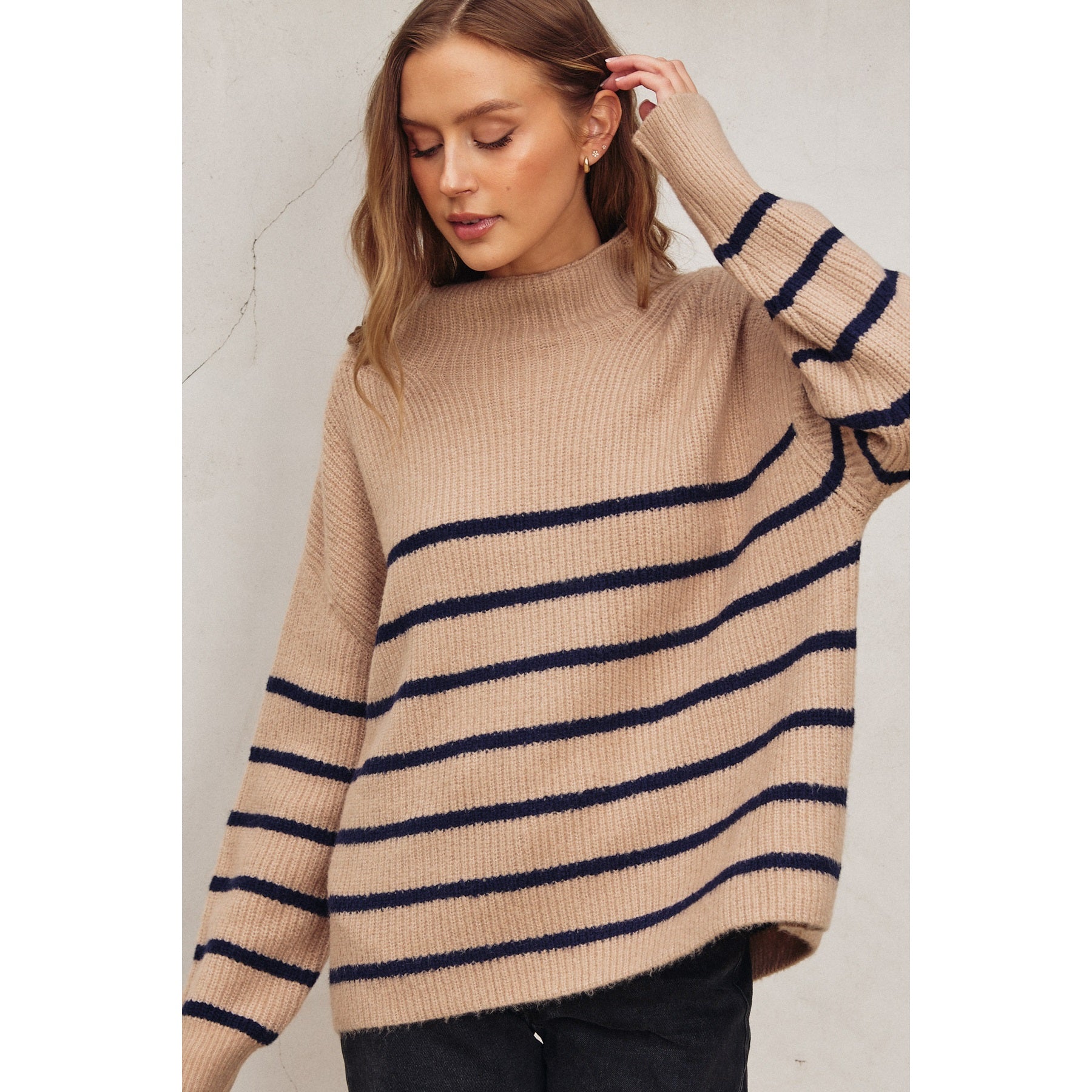Fluffy High Neck Striped Hem Sweater