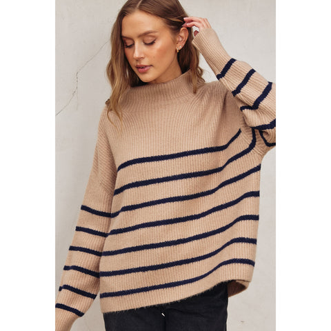 Fluffy High Neck Striped Hem Sweater - Mocha/Navy