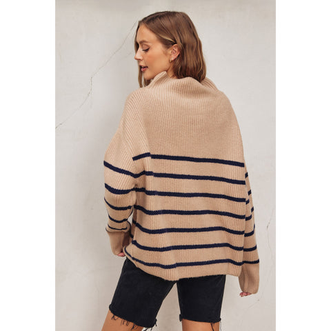 Fluffy High Neck Striped Hem Sweater - Mocha/Navy
