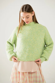 Fluffy Light Green Sweater with High Neck and Balloon Sleeves-Sweater-Q2-S-Green-Urbanheer