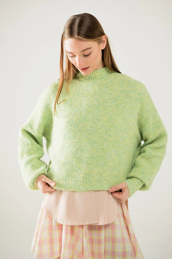Fluffy Light Green Sweater with High Neck and Balloon Sleeves-Sweater-Q2-S-Green-Urbanheer