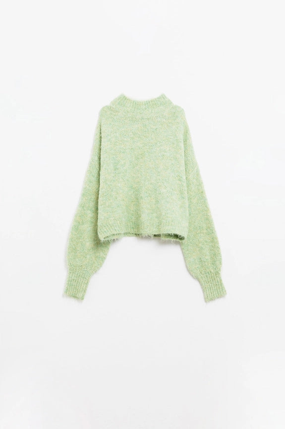 Fluffy Light Green Sweater with High Neck and Balloon Sleeves-Sweater-Q2-S-Green-Urbanheer