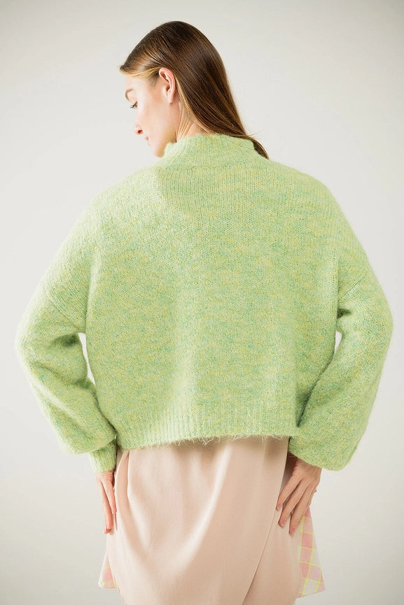 Fluffy Light Green Sweater with High Neck and Balloon Sleeves-Sweater-Q2-S-Green-Urbanheer