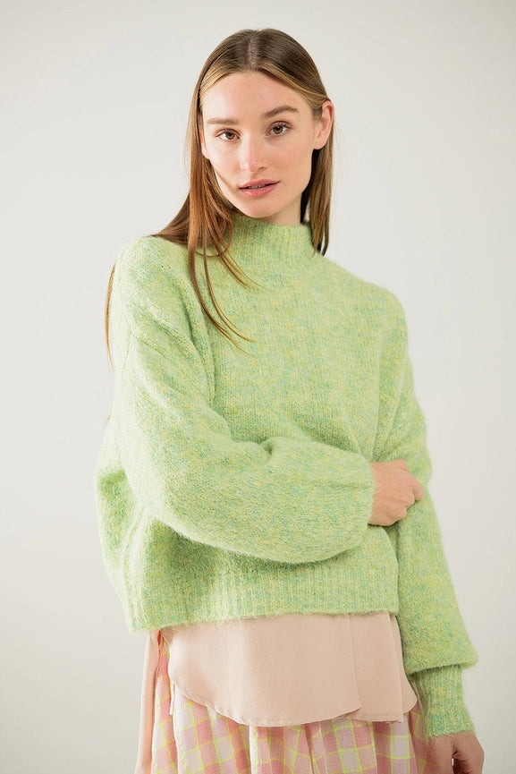 Fluffy Light Green Sweater with High Neck and Balloon Sleeves-Sweater-Q2-S-Green-Urbanheer