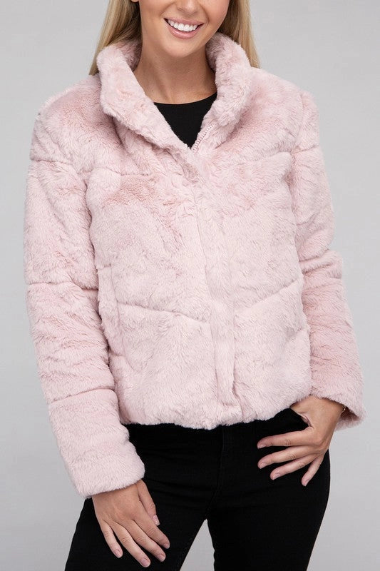 Fluffy Zip-Up Sweater Jacket Mauve-Jacket-Blak Wardrob-S-Urbanheer