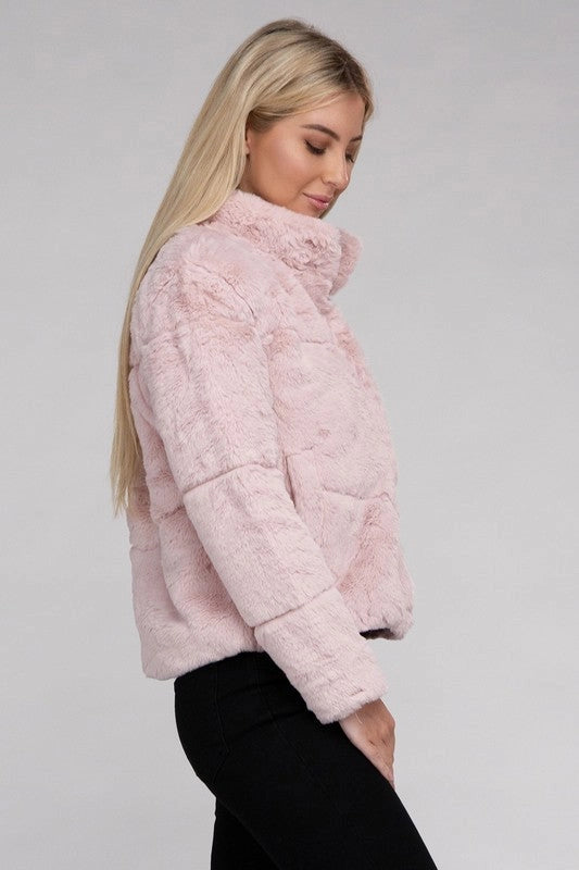 Fluffy Zip-Up Sweater Jacket Mauve-Jacket-Blak Wardrob-S-Urbanheer