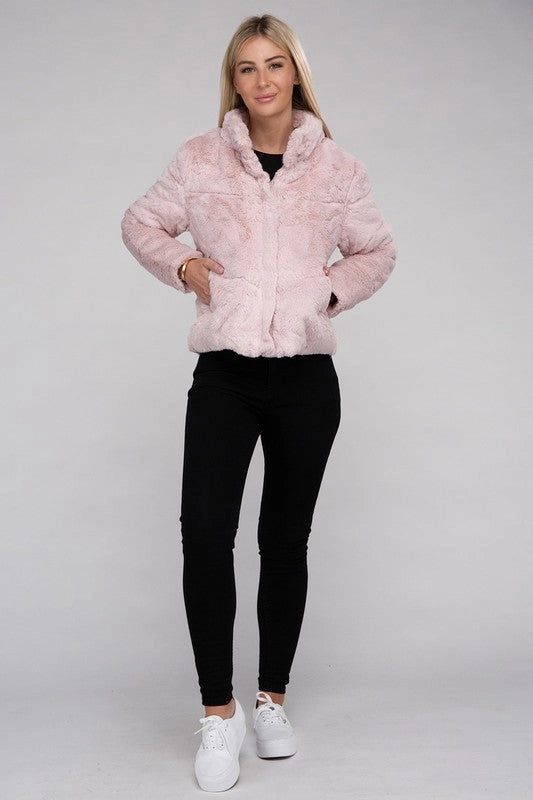 Fluffy Zip-Up Sweater Jacket Mauve-Jacket-Blak Wardrob-S-Urbanheer