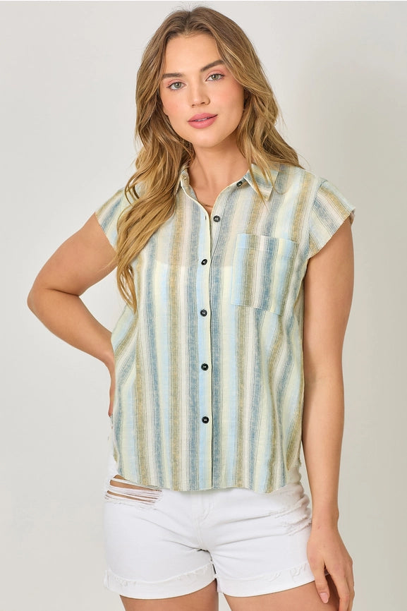 Flutter Sleeve Stripe Shirt Denim Blue Mix-Shirt-Mystree-S-Denim Blue Mix-Urbanheer