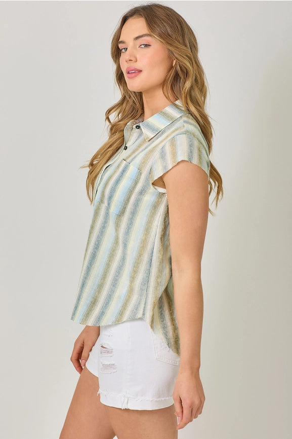 Flutter Sleeve Stripe Shirt Denim Blue Mix-Shirt-Mystree-S-Denim Blue Mix-Urbanheer