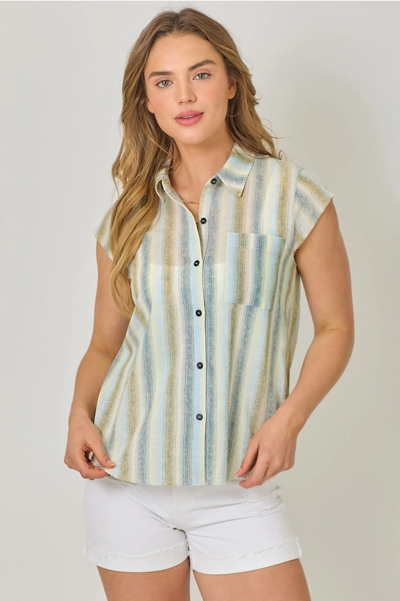 Flutter Sleeve Stripe Shirt Denim Blue Mix-Shirt-Mystree-S-Denim Blue Mix-Urbanheer