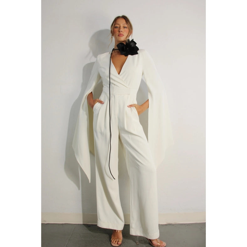 Fly Away Sleeve V Neck Jumpsuit-Clothing Jumpsuits-Mulla-S-CREAM-Urbanheer