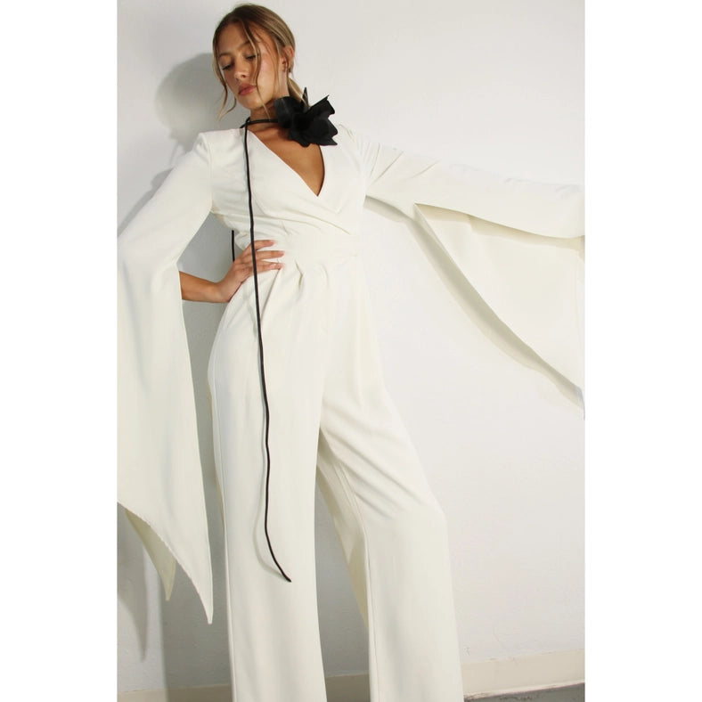 Fly Away Sleeve V Neck Jumpsuit-Clothing Jumpsuits-Mulla-S-CREAM-Urbanheer
