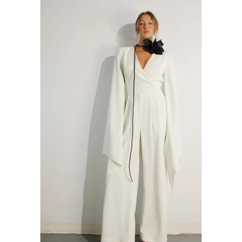 Fly Away Sleeve V Neck Jumpsuit-Clothing Jumpsuits-Mulla-S-CREAM-Urbanheer