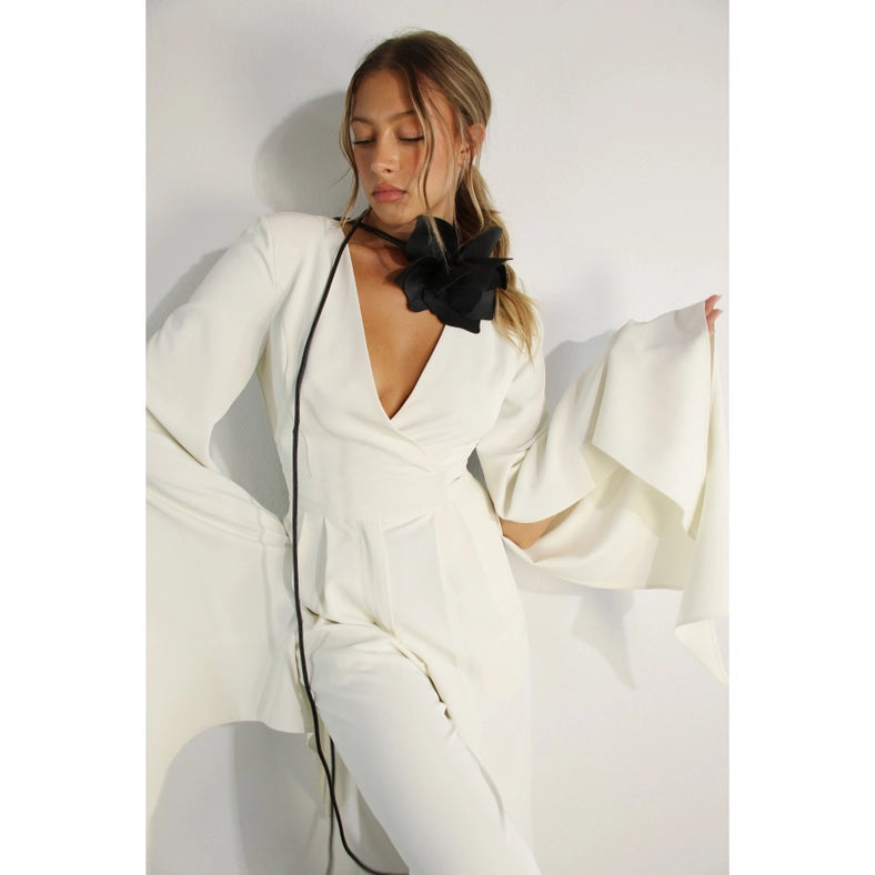Fly Away Sleeve V Neck Jumpsuit-Clothing Jumpsuits-Mulla-S-CREAM-Urbanheer