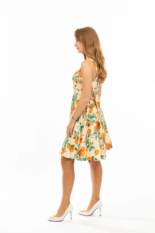 Fold-Over Fit and Flare Dress in Orange Print Padded Bust-Dress-Eva Rose Clothing-S-Urbanheer