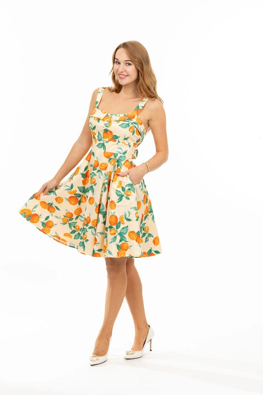 Fold-Over Fit and Flare Dress in Orange Print Padded Bust-Dress-Eva Rose Clothing-S-Urbanheer