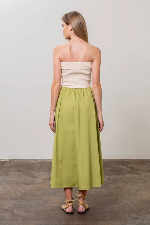 Fold Over Strapless Mix Media Midi Dress-Dress-Moon River-S-SAGE-Urbanheer