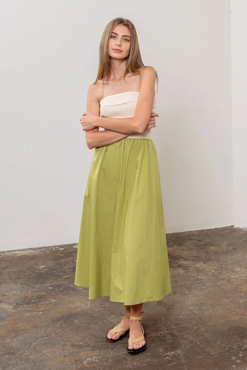 Fold Over Strapless Mix Media Midi Dress-Dress-Moon River-S-SAGE-Urbanheer