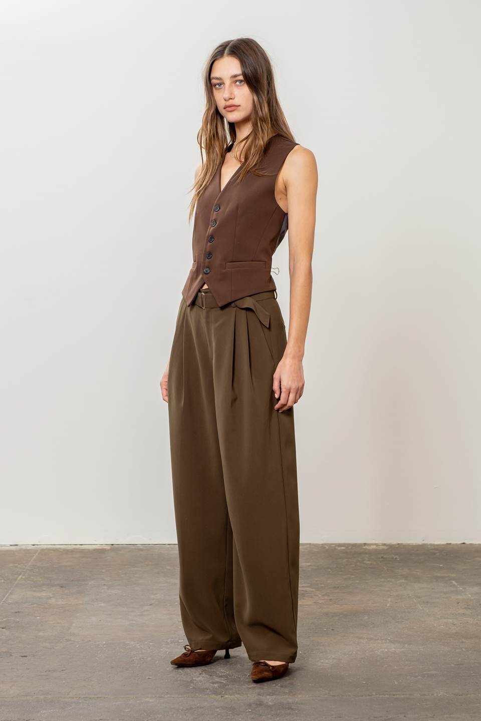Fold Over Waistband Pleated Pants with Belt