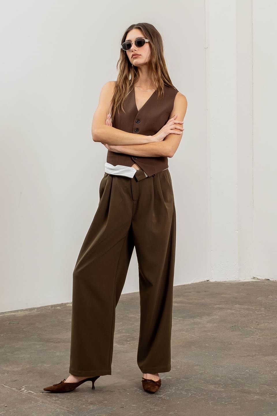 Fold Over Waistband Pleated Pants with Belt