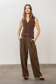 Fold Over Waistband Pleated Pants with Belt