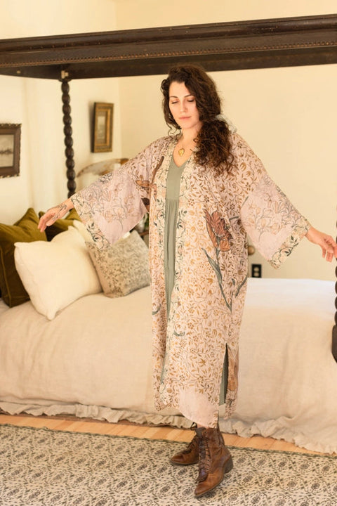 Folklore Bamboo Floral Bird Kimono Duster Robe-Kimono-Market of Stars-length 118cm width 78 cm-Urbanheer