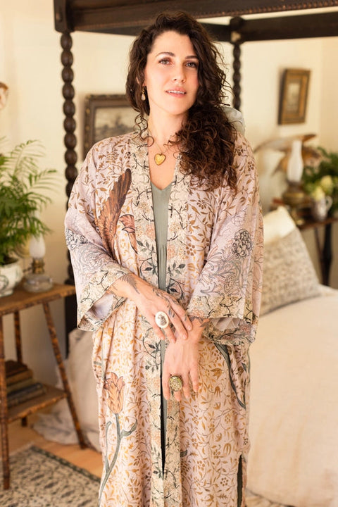 Folklore Bamboo Floral Bird Kimono Duster Robe-Kimono-Market of Stars-length 118cm width 78 cm-Urbanheer