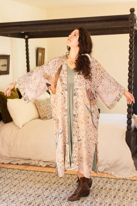 Folklore Bamboo Floral Bird Kimono Duster Robe-Kimono-Market of Stars-length 118cm width 78 cm-Urbanheer