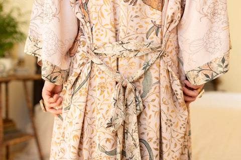 Folklore Bamboo Floral Bird Kimono Duster Robe-Kimono-Market of Stars-length 118cm width 78 cm-Urbanheer