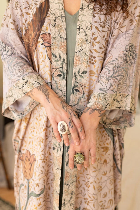 Folklore Bamboo Floral Bird Kimono Duster Robe-Kimono-Market of Stars-length 118cm width 78 cm-Urbanheer