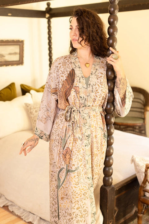 Folklore Bamboo Floral Bird Kimono Duster Robe-Kimono-Market of Stars-length 118cm width 78 cm-Urbanheer