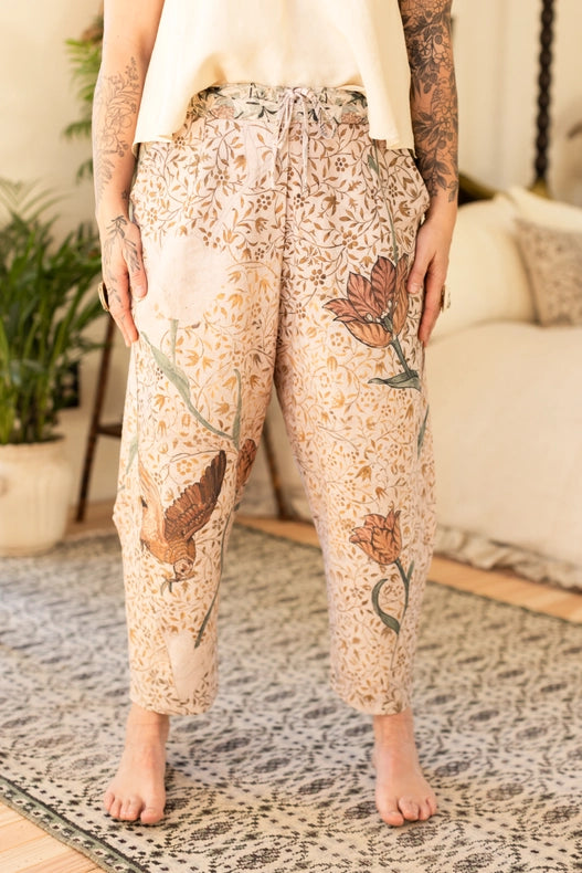 Folklore Boho Linen Floral & Bird Cropped Artist Pants-Pants-Market of Stars-S-Urbanheer
