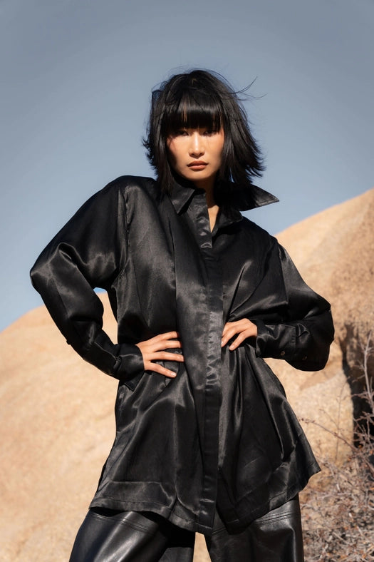 Forever My Muse Silk Shirt Dress BLACK-Dress-A Perfect Nomad-S-Urbanheer