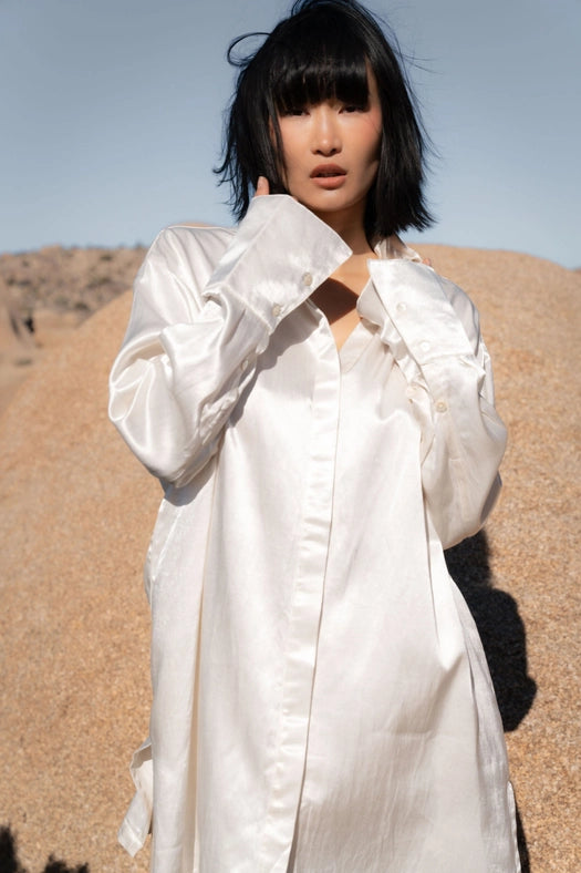 Forever My Muse Silk Shirt Dress WHITE-Dress-A Perfect Nomad-S-Urbanheer