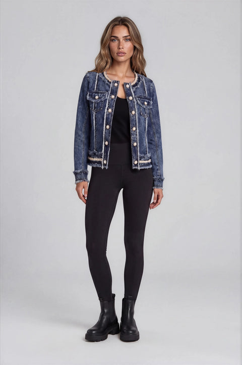 Frayed Denim Jacket with Pearl Trim